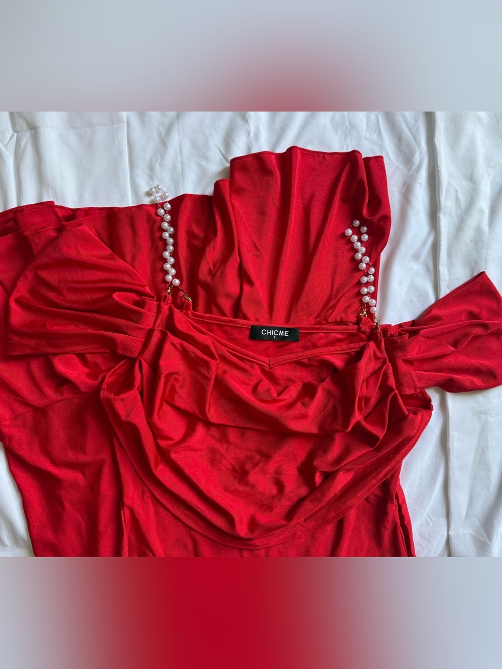 NWOT: ChicMe Red Off-Shoulder Midi Dress with Pearl Straps